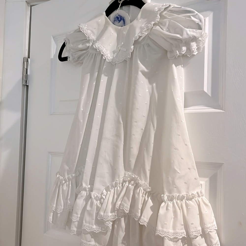 Vintage Phyllis Babywear Blessing or Christening White Ruffled Dress with Slip